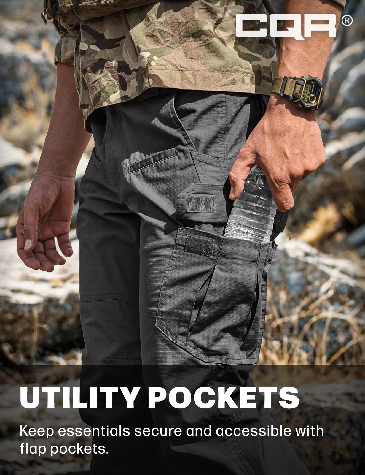 CQR Men's Tactical Pants, Water Resistant Ripstop Cargo Pants, Lightweight EDC Work Hiking Pants, Outdoor Apparel, Raider Charcoal, 42W x 32L