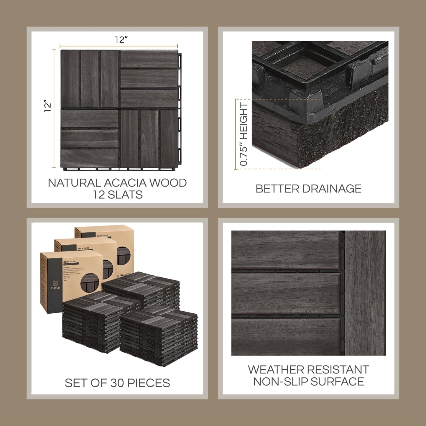 Outdoor Waterproof Acacia Wood Deck Tiles - 10 Pcs Patio Flooring for All Weather Use