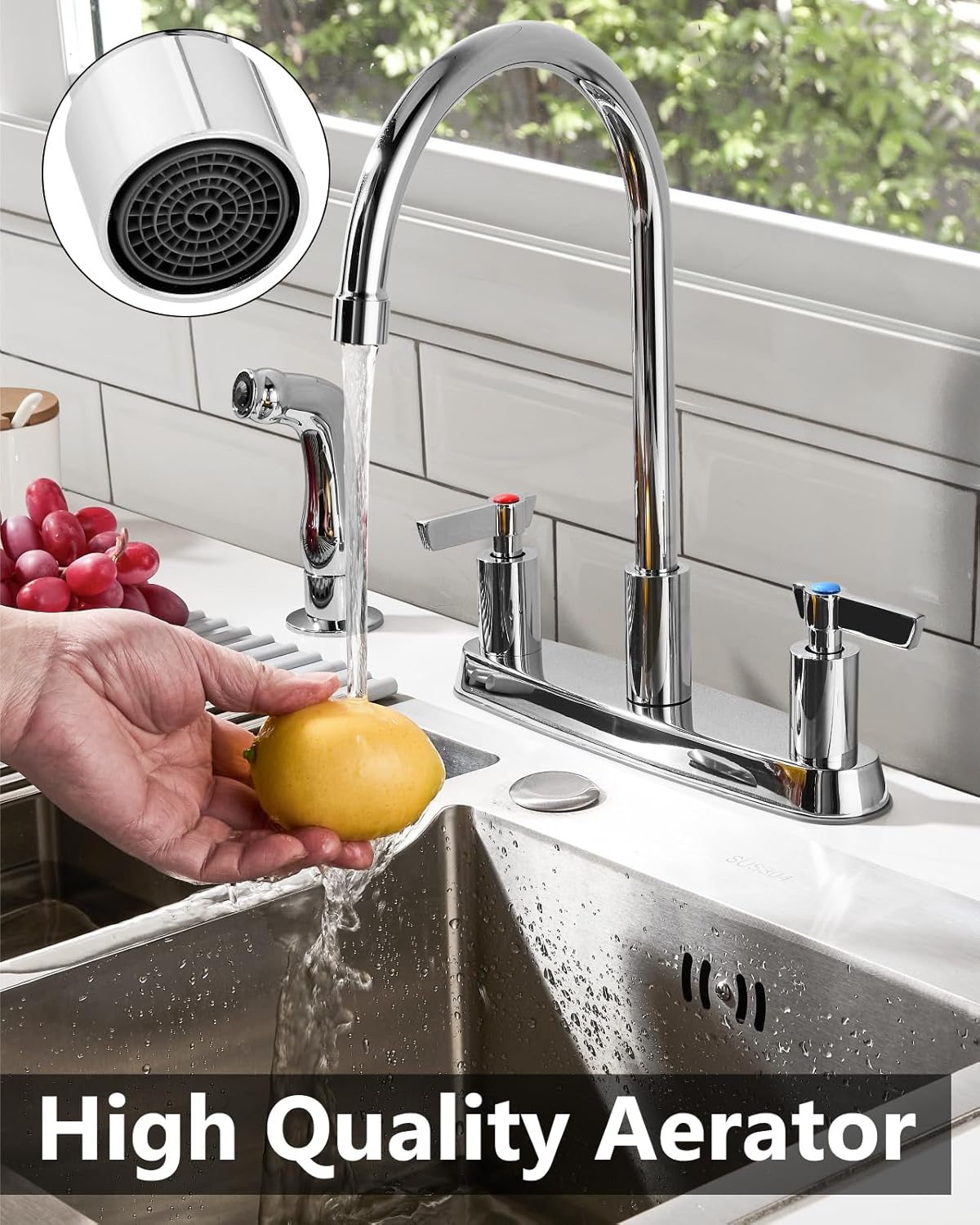 Brushed Nickel Kitchen Faucet with Sprayer - 2 Handle 8-Inch Centerset 3 Hole