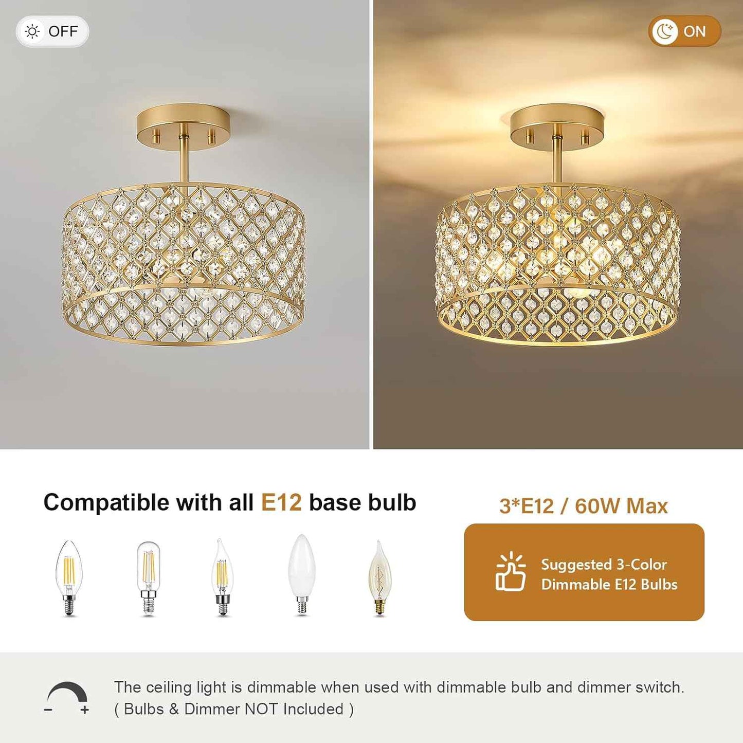Modern Black Crystal Semi Flush Mount Ceiling Light Fixture - 11.2" Round Chandelier for Dining Room, Hallway, Kitchen & Bedroom
