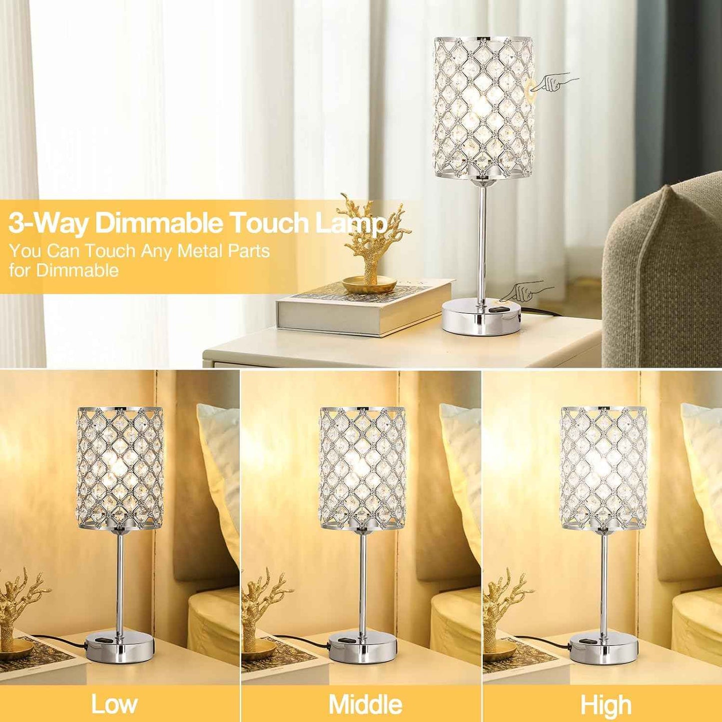 Dimmable Touch Control Crystal Table Lamp Set of 2 with USB-C & AC Ports - Elegant Nightstand Lighting for Bedroom & Living Room