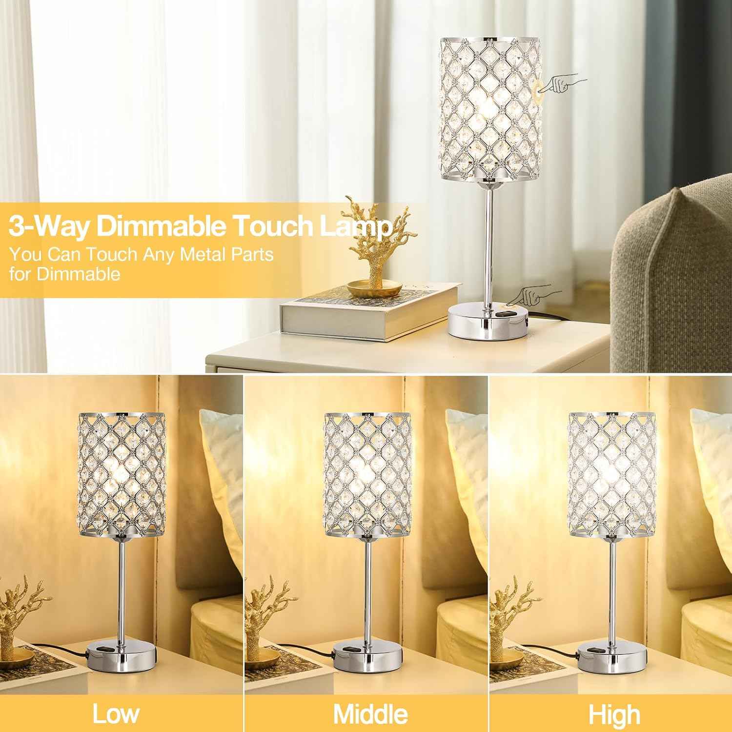 Dimmable Touch Control Crystal Table Lamp Set of 2 with USB-C & AC Ports - Elegant Nightstand Lighting for Bedroom & Living Room