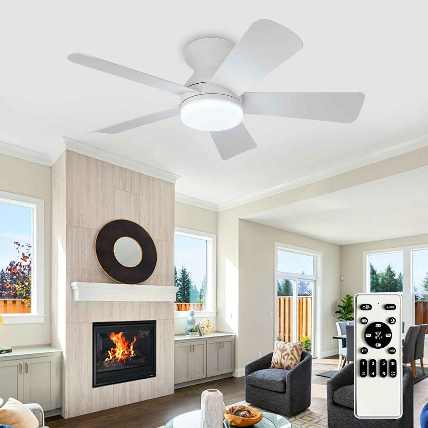 42-Inch Modern Black Ceiling Fan with Light & Remote - Dimmable Low Profile, 5 Reversible Walnut Blades, 6 Speeds for Indoor/Outdoor Use