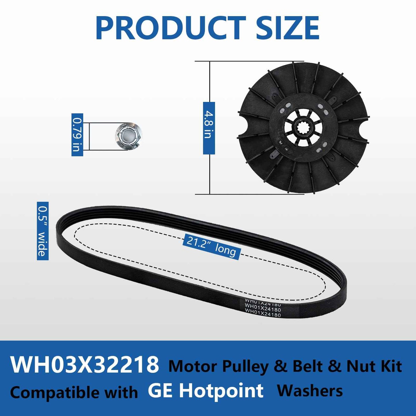 OEM WH03X32218 Washer Motor Pulley & Belt & Nut Set Compatible with GE Hotpoint, Replacement Part WH07X24695 WH39X27601 WH49X25378 AP7034989 PS16619249 EAP16619249