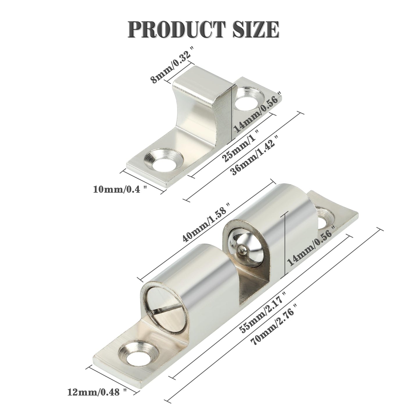 Alise Double Roller Catch Cabinet Latches,Adjustable Double Ball Tension Roller Catch Latch Brass Cabinet Door Latch,67mm Solid Metal Cabinet Latches and Catches,Pack of 4,Silver