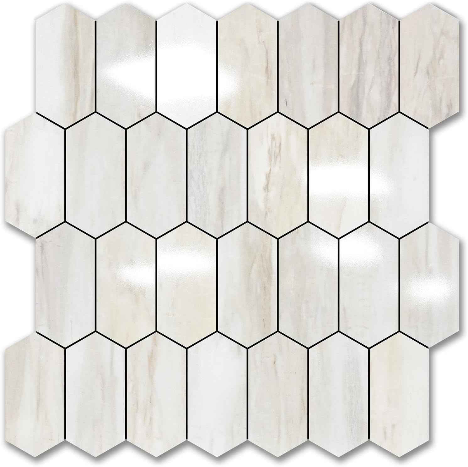 Glossy Wood Grain Peel and Stick Backsplash Tile - 10 Sheets Hexagon Mosaic for Kitchen & Bathroom, 12.4 x 12 Inch