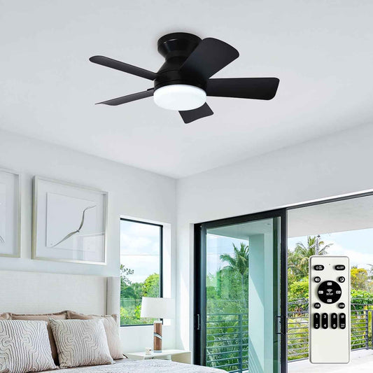 42-Inch Modern Black Ceiling Fan with Light & Remote - Dimmable Low Profile, 5 Reversible Walnut Blades, 6 Speeds for Indoor/Outdoor Use
