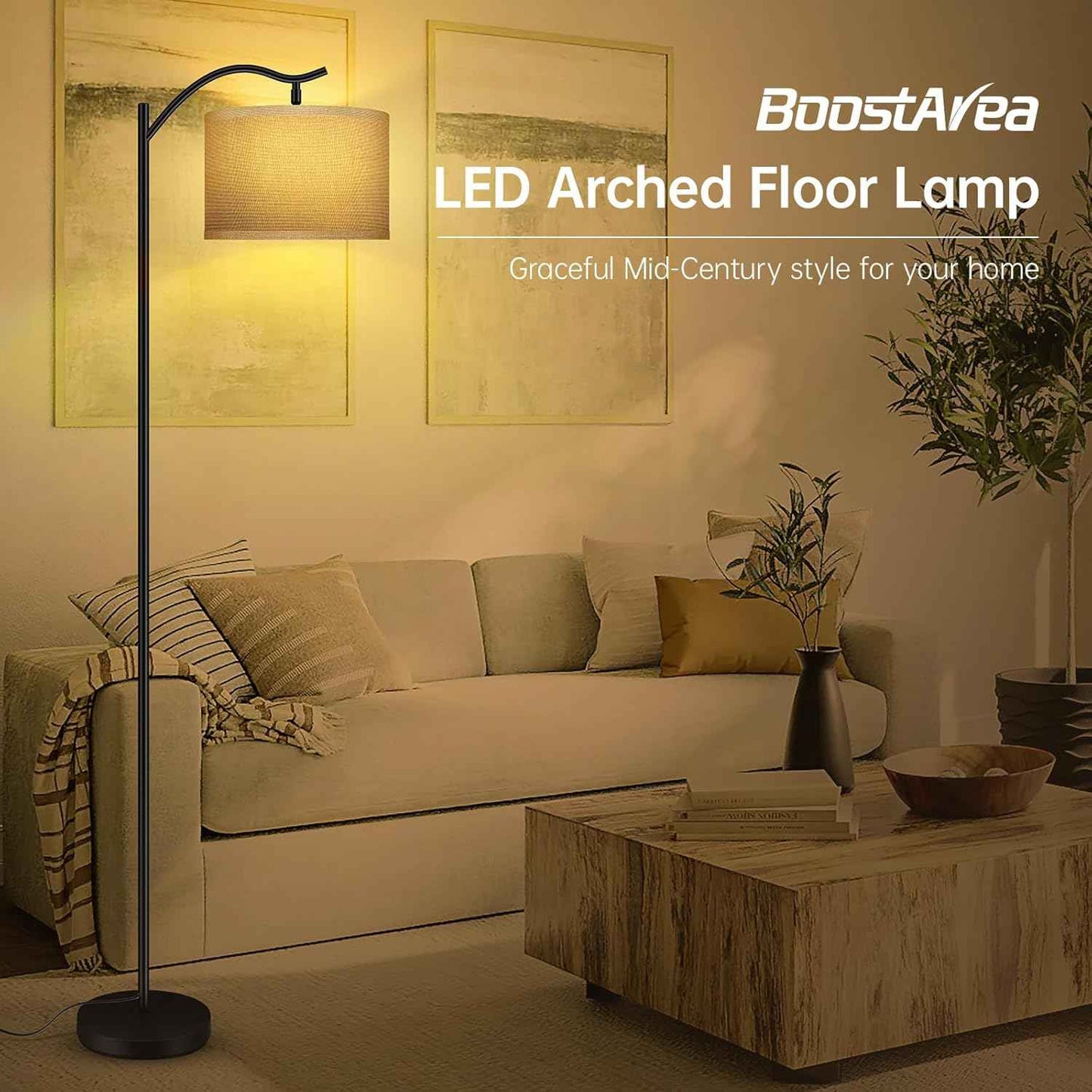 Modern LED Floor Lamp with Bohemian Linen Shade – Arched Tall Standing Light for Living Room & Bedroom