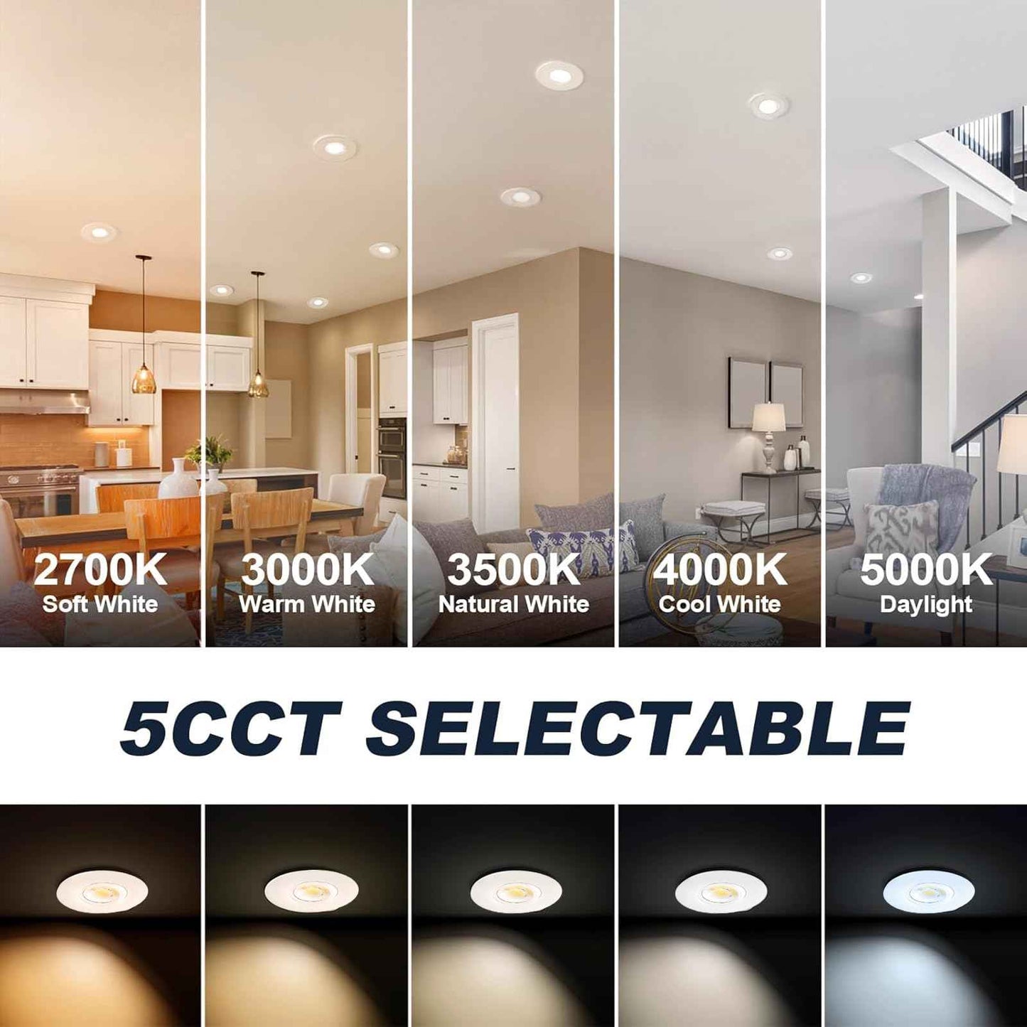 LULIT 6 Pack White 3-inch 5 CCT Gimbal LED Recessed/Downlight Color Selectable 2700K/3000K/3500K/4000K/5000K 800Lm 10W 120V Dimness Adjustable LED Lights