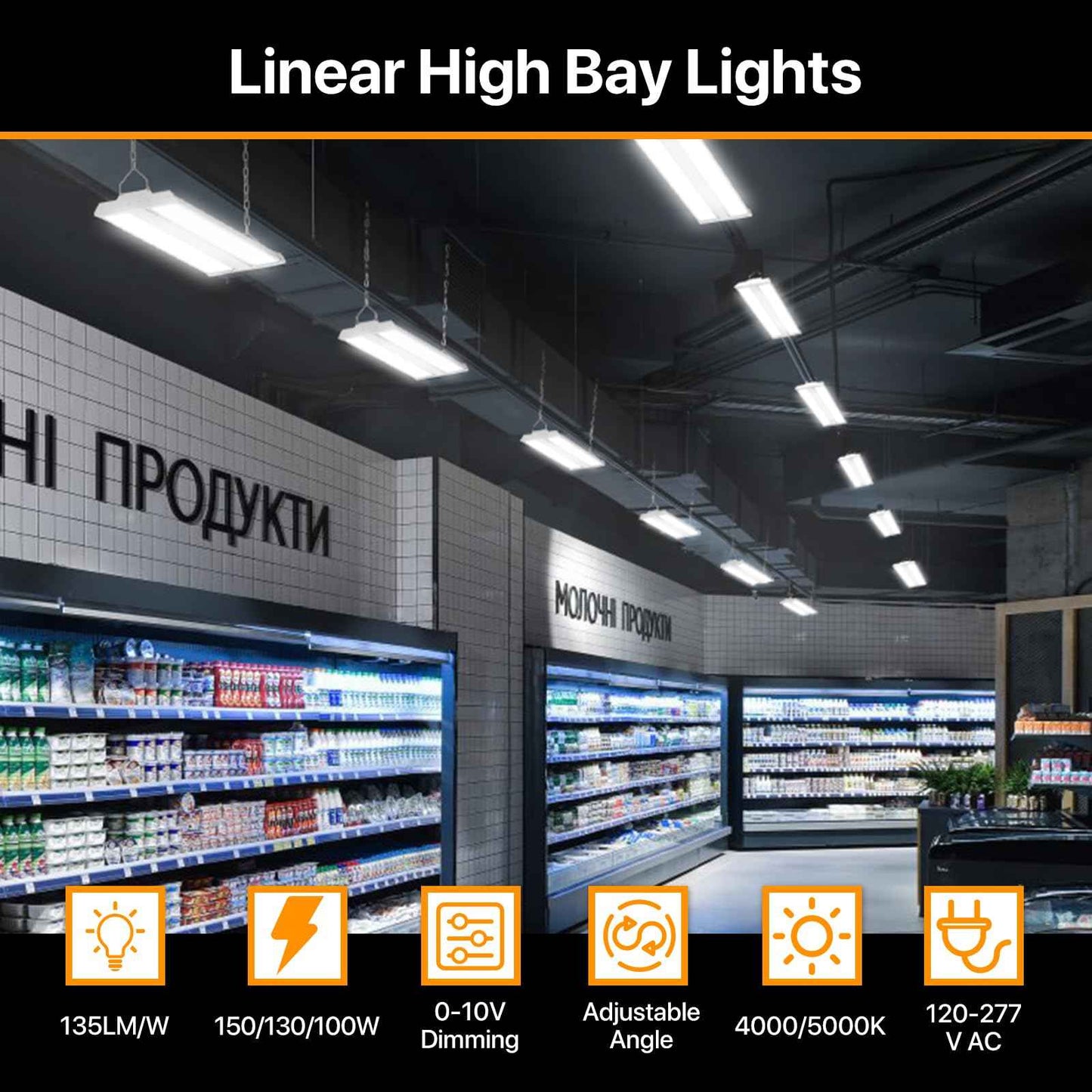DEMILARE High Bay Led Shop Light 150W 20250LM(135LM/W) 4000K/5000K Switchable Lens Rotatable Linear High Bay Lights 0-10V Dimmable 100-277V Hanging Commercial Lighting for Warehouse