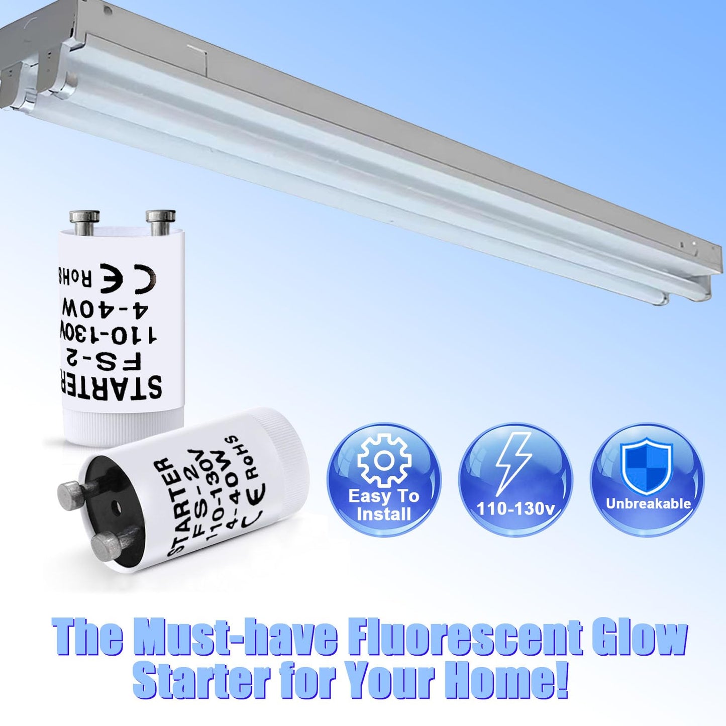 Konideke Fluorescent Starter, 4-40W, T8, 10 Count, Indoor, Long Lasting, 1.1E+2V AC, Compatible with GE, FS-2, FS-5, Preheat Fluorescent Lamps