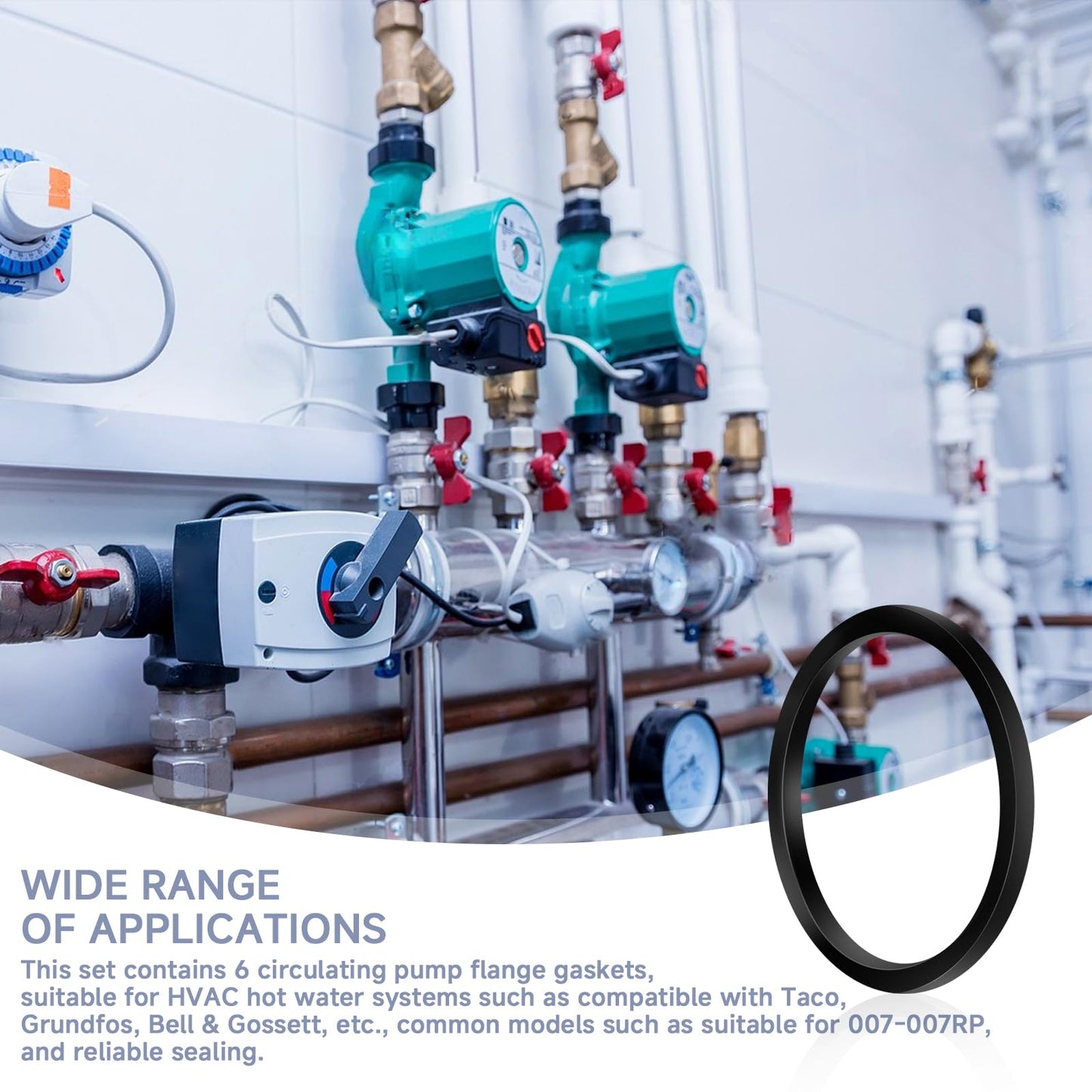 Numano (6-Pack) For 007-007RP High-Temperature Rubber Flange Gasket Set for Circulating Pumps flange gaskets, Compatible with Taco Water Heating Systems