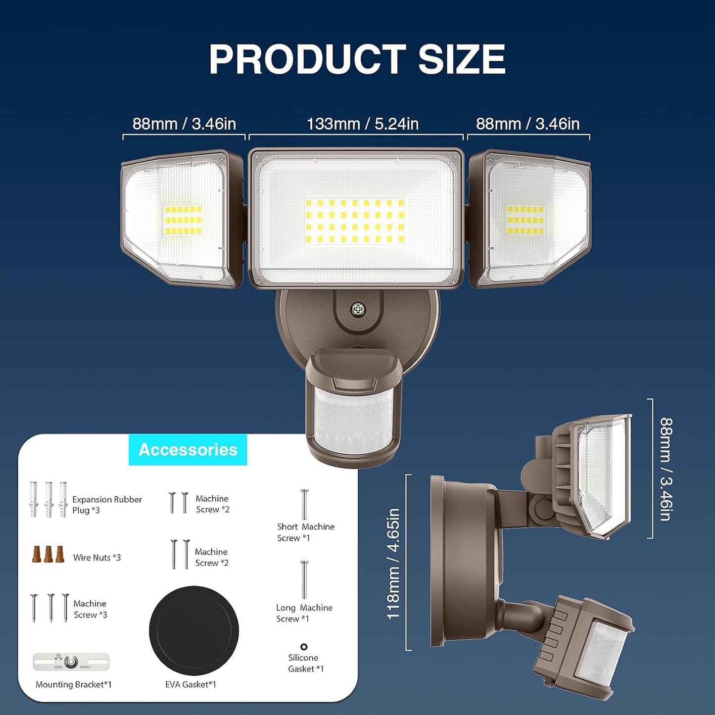 85W LED Motion Sensor Security Light - 8500LM Dusk to Dawn, 3-Head Waterproof Floodlight for Garage, Yard & Porch