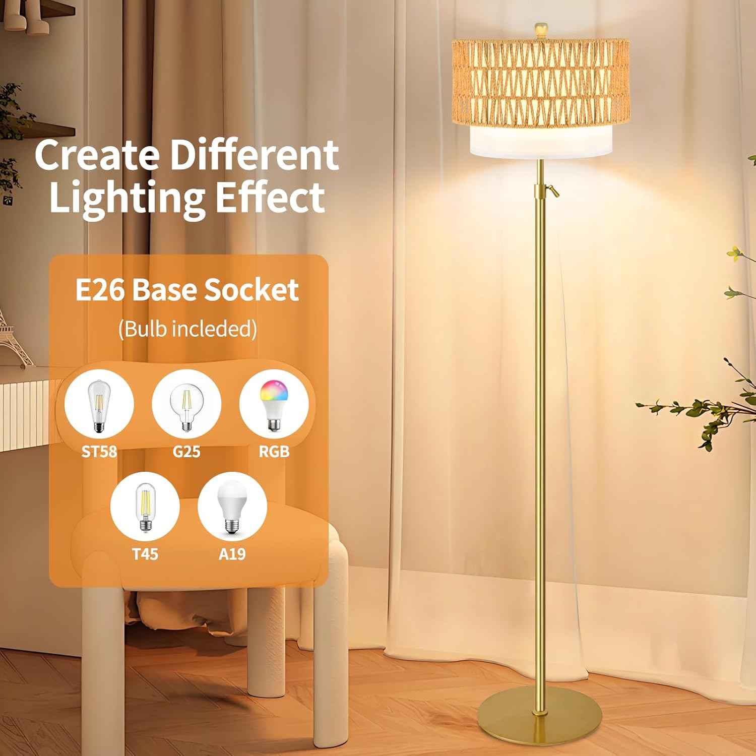 Boho Gold Floor Lamp with Remote Control | Dimmable Rattan & Wicker Design for Living Room