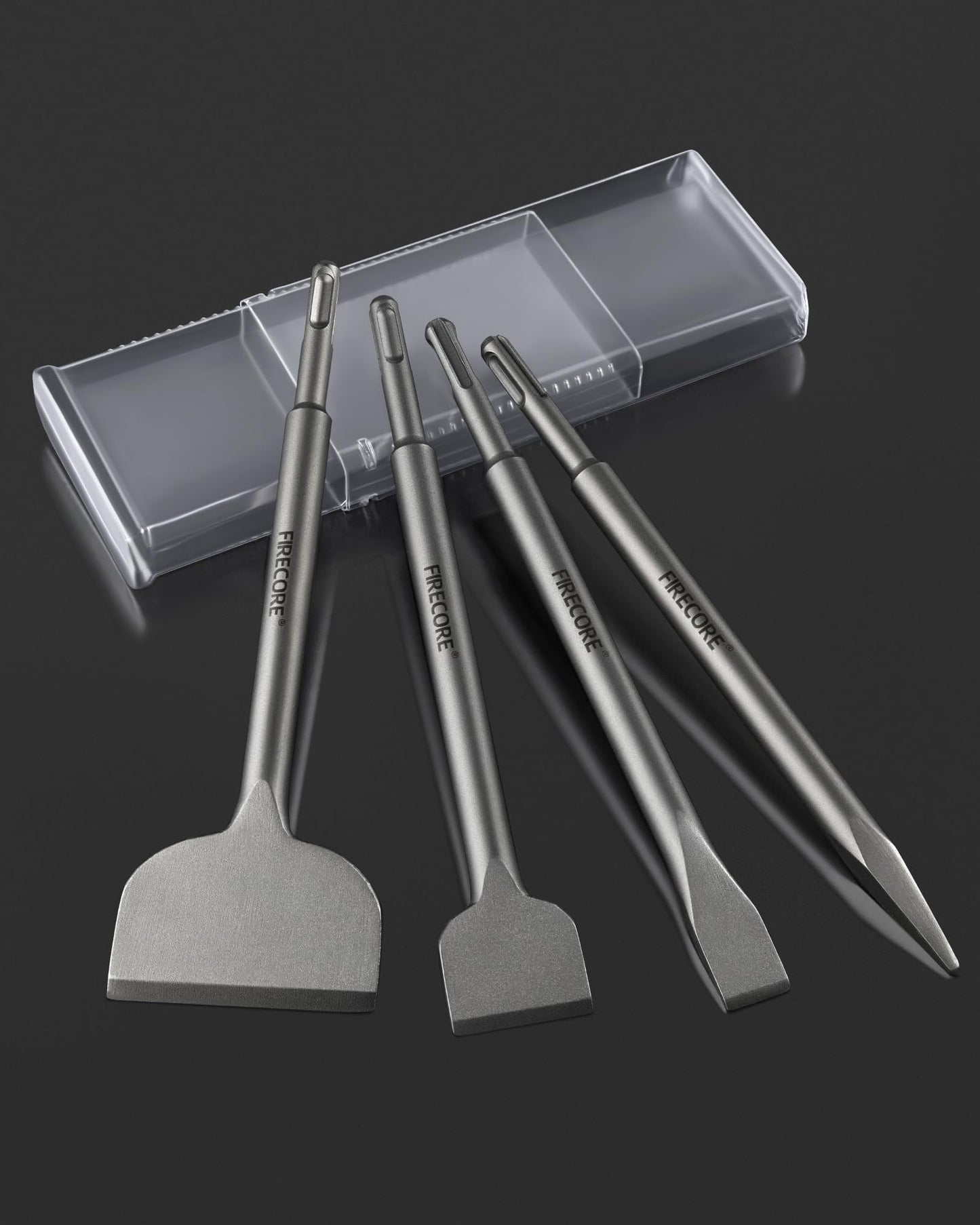 SDS Chisel Set, Firecore 4pcs Tile Removal Chisel Bits for SDS Plus Rotary Hammer Drill Attachments, Alloy Steel Shovel for Demolition Chipping Grooving Scaling Removing Cement Thinset Mortar Vinyl