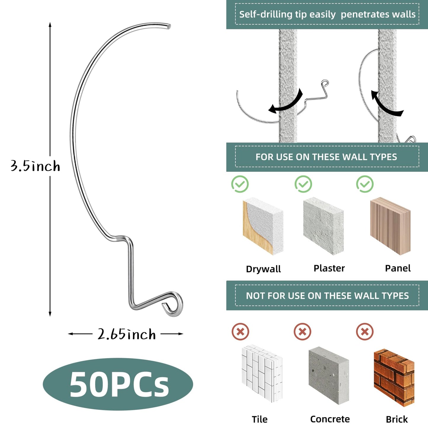 AccEncyc 50Pcs Picture Hanger Hooks Super Hooks for Hanging Drywall Picture Hanging Hooks Heavy Duty Wall Hooks for Hanging Pictures, Photos, Frames, Planters, Art, Clock