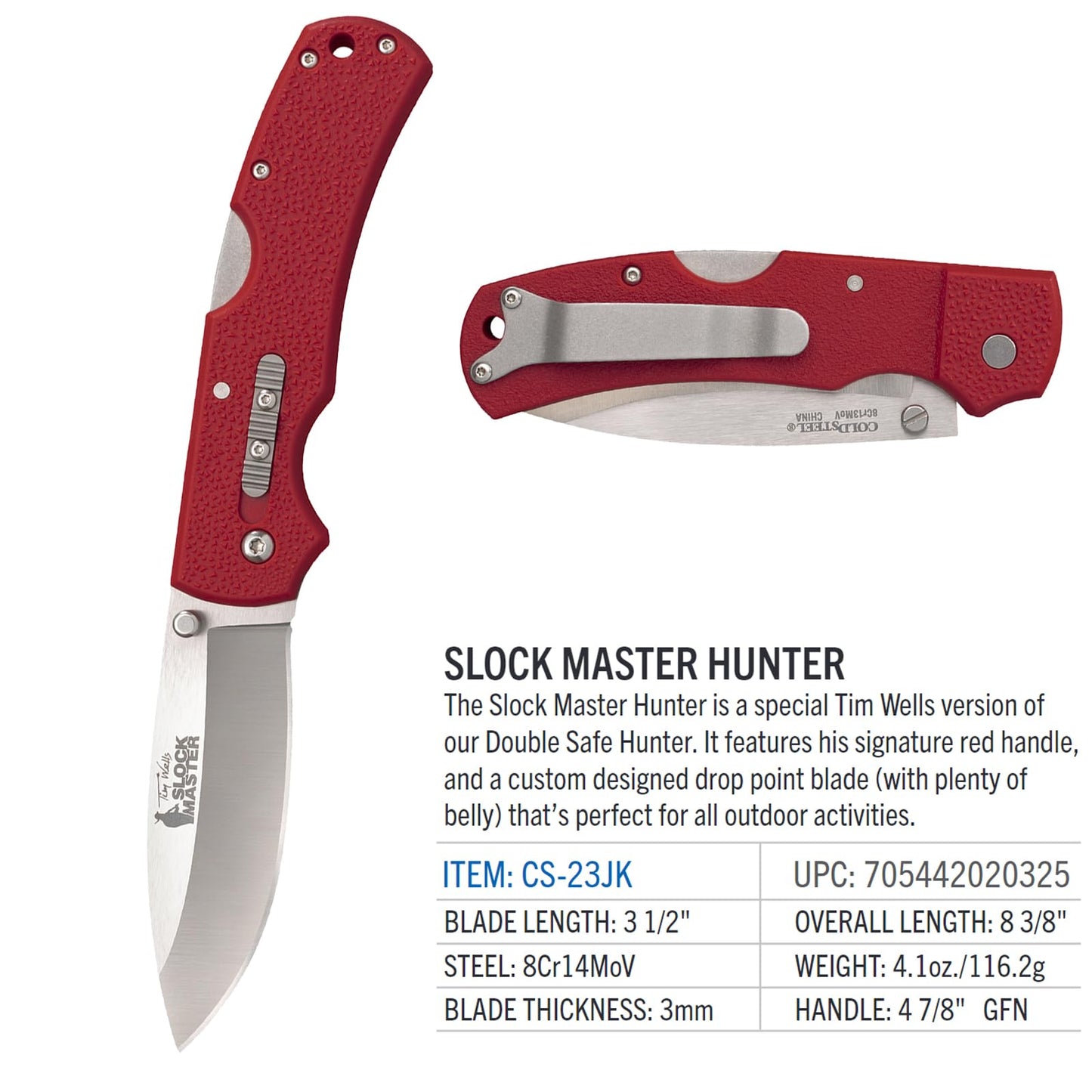 Cold Steel Double Safe Hunter Slock Master 3.5" 8Cr13MoV Drop Point Blade 4.875" GFN Handle Hunting Folding Knife w/Rocker Lock