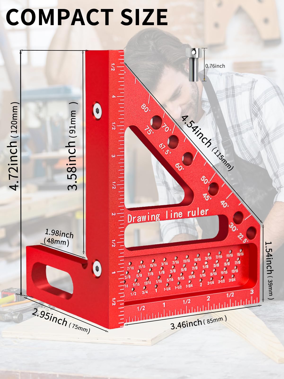 3D Multi-Angle Carpenter Square Aluminum Alloy Multi Hole Scribing Ruler High Precision Woodworking Tools for Engineer Carpenter Crafting (Red)