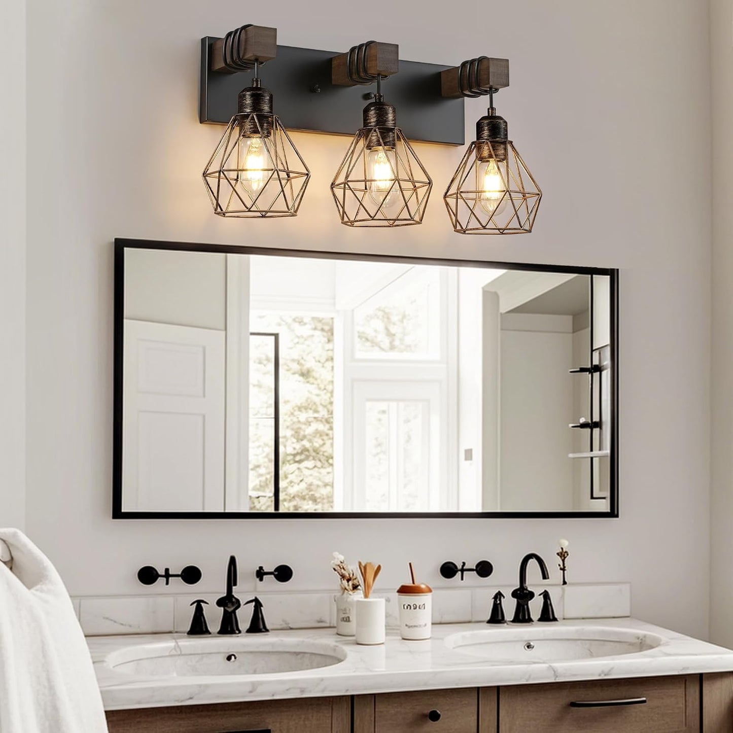 Farmhouse 3-Light Bathroom Vanity Light Fixture - Rustic White Wood Sconces for Mirror