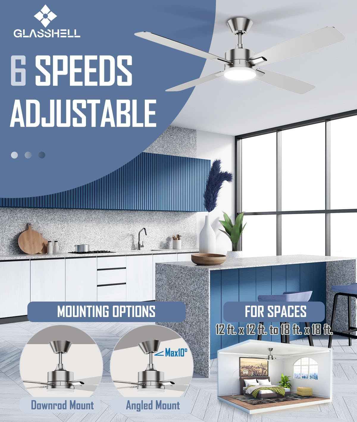 52-Inch Ceiling Fan with Remote Control & Dimmable Light - Noiseless DC Motor for Indoor/Outdoor Use