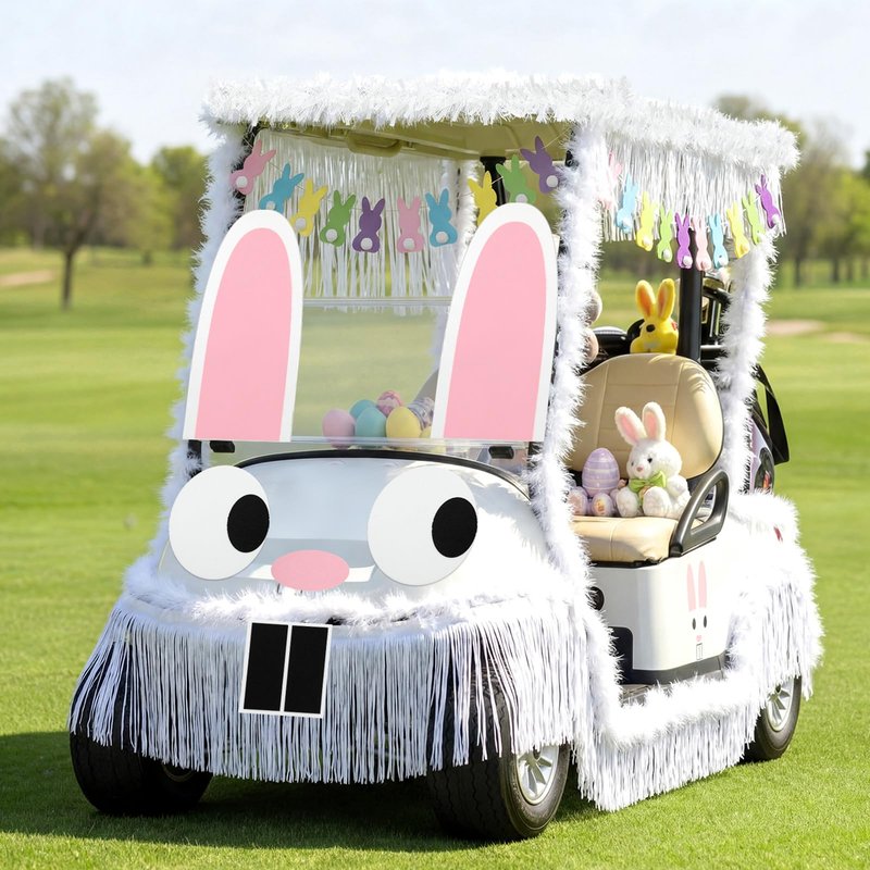 Moucuny 12 Pcs Easter Bunny Golf Cart Decoration Kit 1 Set Giant Felt Rabbit Model 3 Silver Thread Felt Strip 2 Curved Rain Curtain 2 White Felts Strip 2 Easter Bunny Banners for Golf Cart Accessories