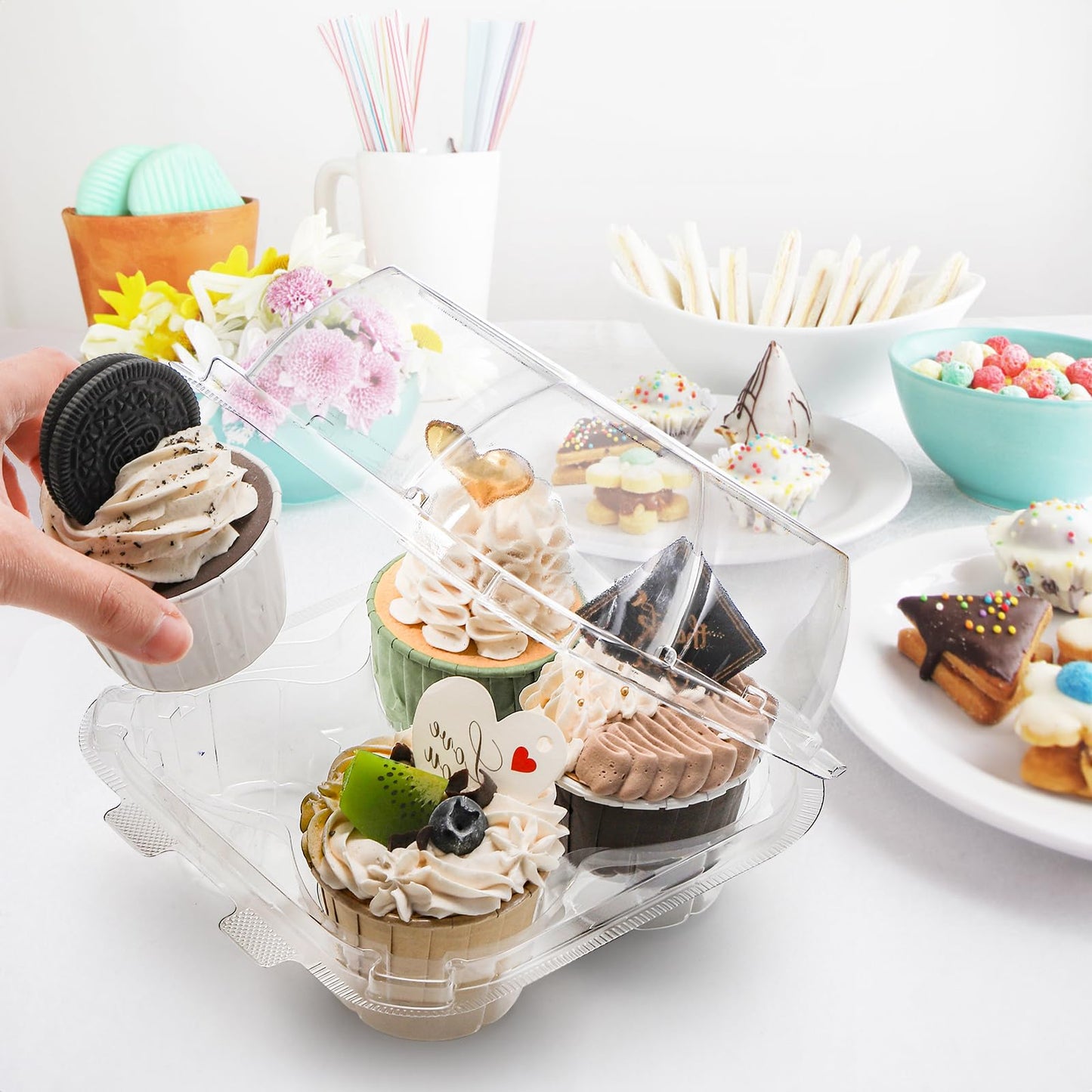 Bekith 60 Count 4-Compartment Plastic Cupcake Containers - Disposable Cupcake Trays Holder Carrier Box with Lids for Cupcakes & Muffins - Hinged Lock Cupcake Clamshell - Deep Cups for Cupcake Storage