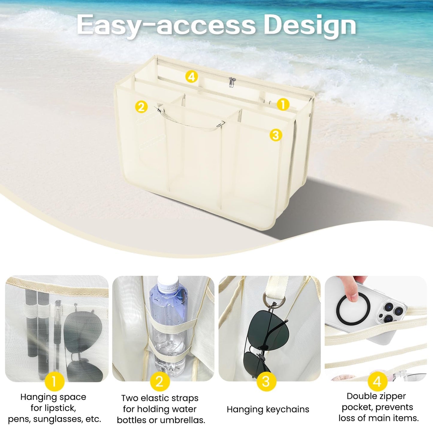 XYFuuee Beach Bag Organizer - Medium Bogg Bag Inserts with 8 Removable Fasteners | Lightweight Mesh Divider, Khaki