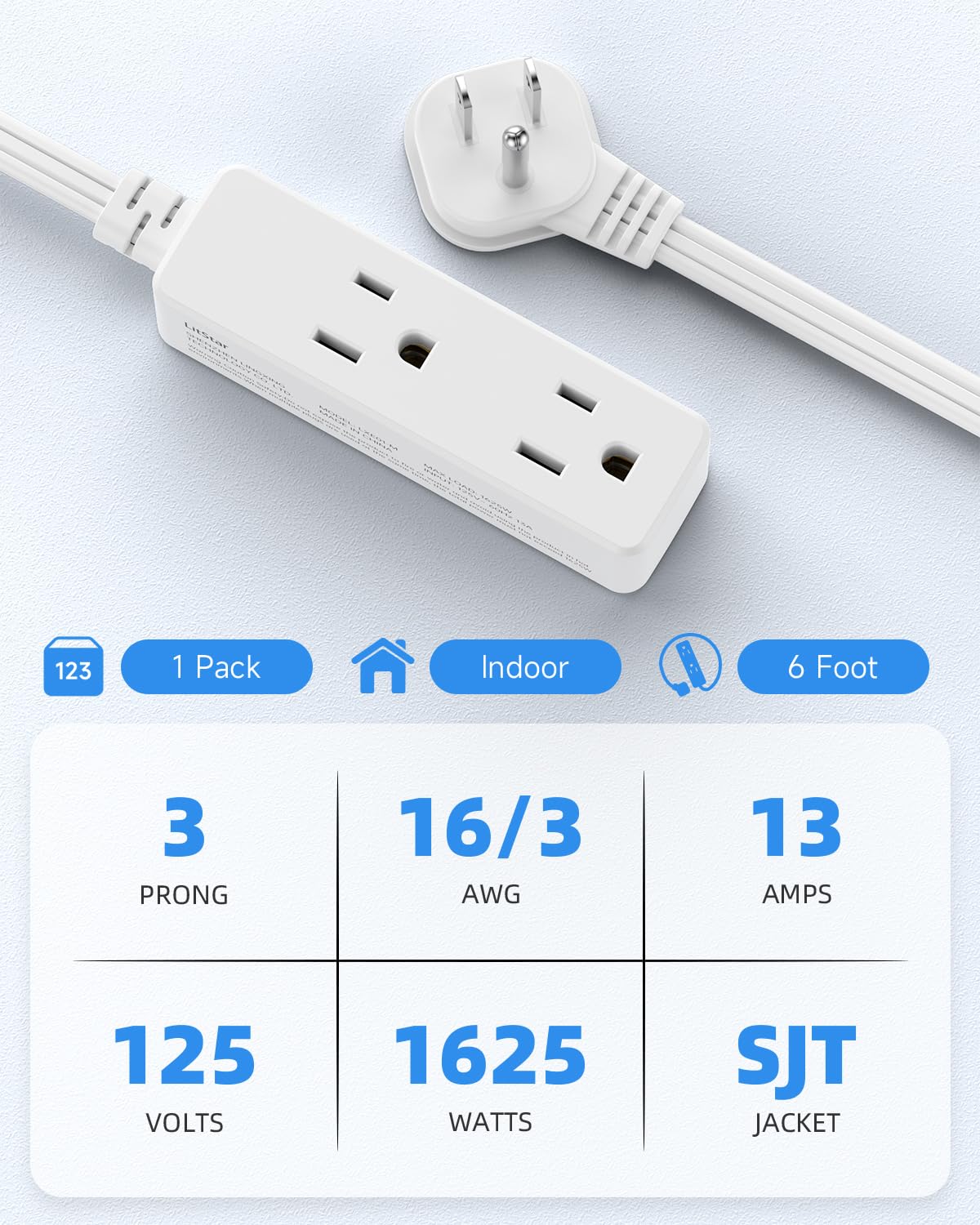 Flat Plug Extension Cord with 3 Outlets - 6 ft White Low Profile Indoor 3 Prong Grounded Power Strip for Home Office & Travel - 16/3 AWG, 13A/1625W