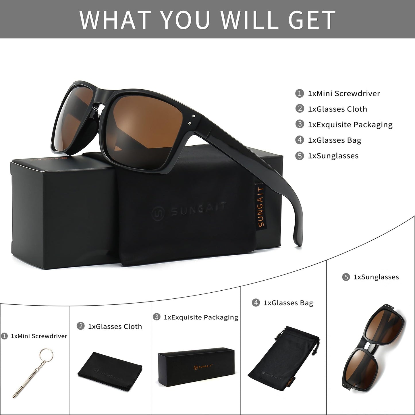 SUNGAIT Polarized Sports Sunglasses for Men Women: Black Retro Square Shades UV400 for Driving Fishing Cycling Running Golf