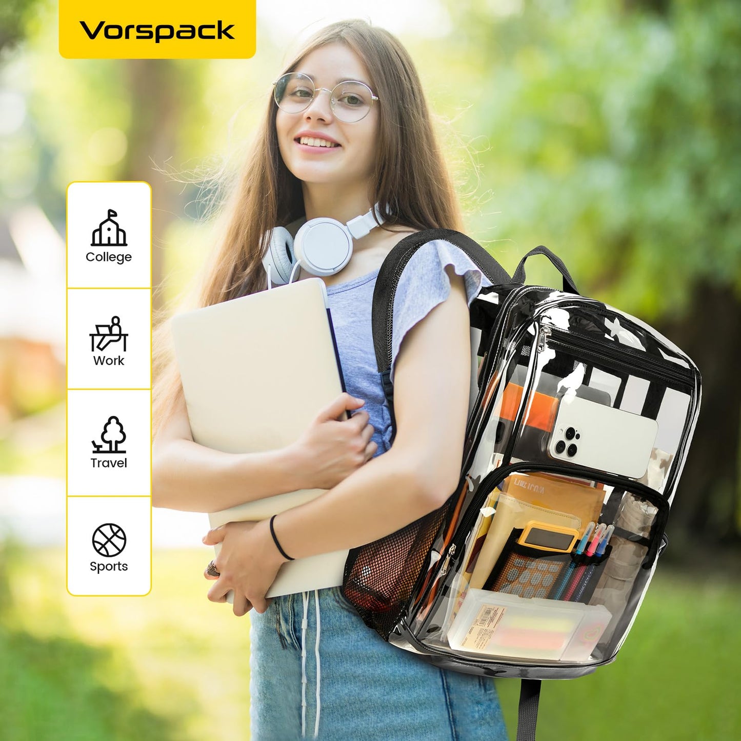 Vorspack Clear Backpack Heavy Duty - Large Transparent Bookbag for Adults, See Through Backpack for College, Work, Travel - Black