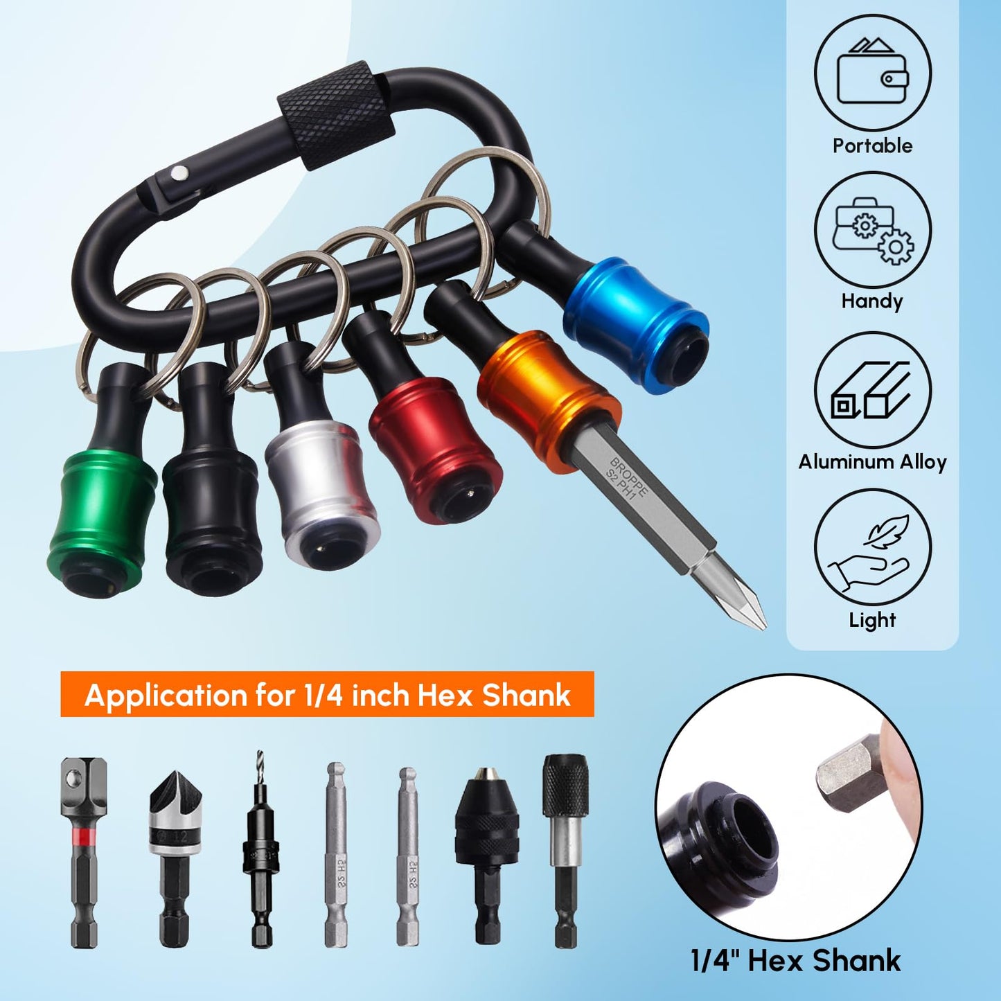 12 Pack 1/4" Hex Bit Holder Key chain - Aluminum Alloy Quick Release Bit Holders with Carabiner for Drill, Screwdriver & Impact Driver - Portable Tool Gift for Men (Multi)