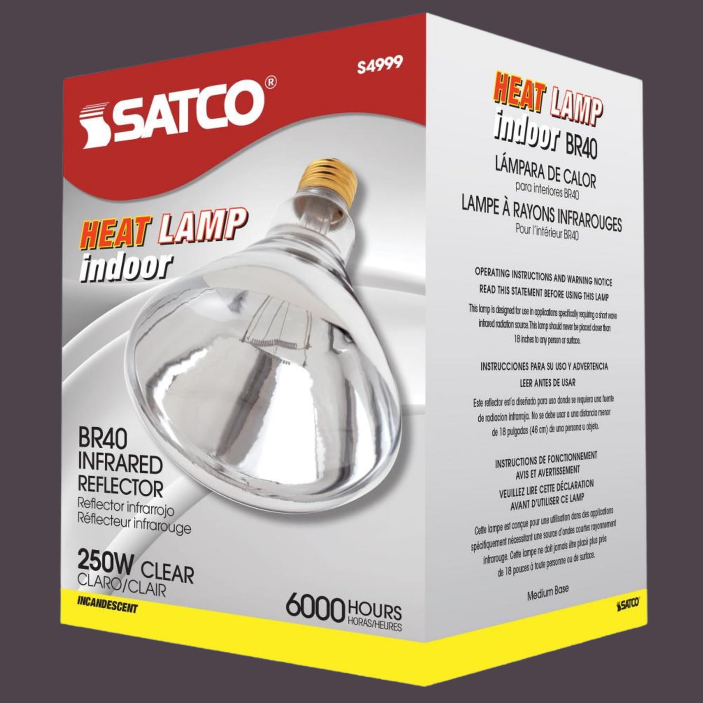 Satco S4999-250 Watt BR40 Heat Lamp Bulb – Clear Finish, Incandescent Reflector, Medium E26 Base, 2700K Warm White, 120V, Dimmable, 6000 Hour Life – CSAus Listed (2 Pack)