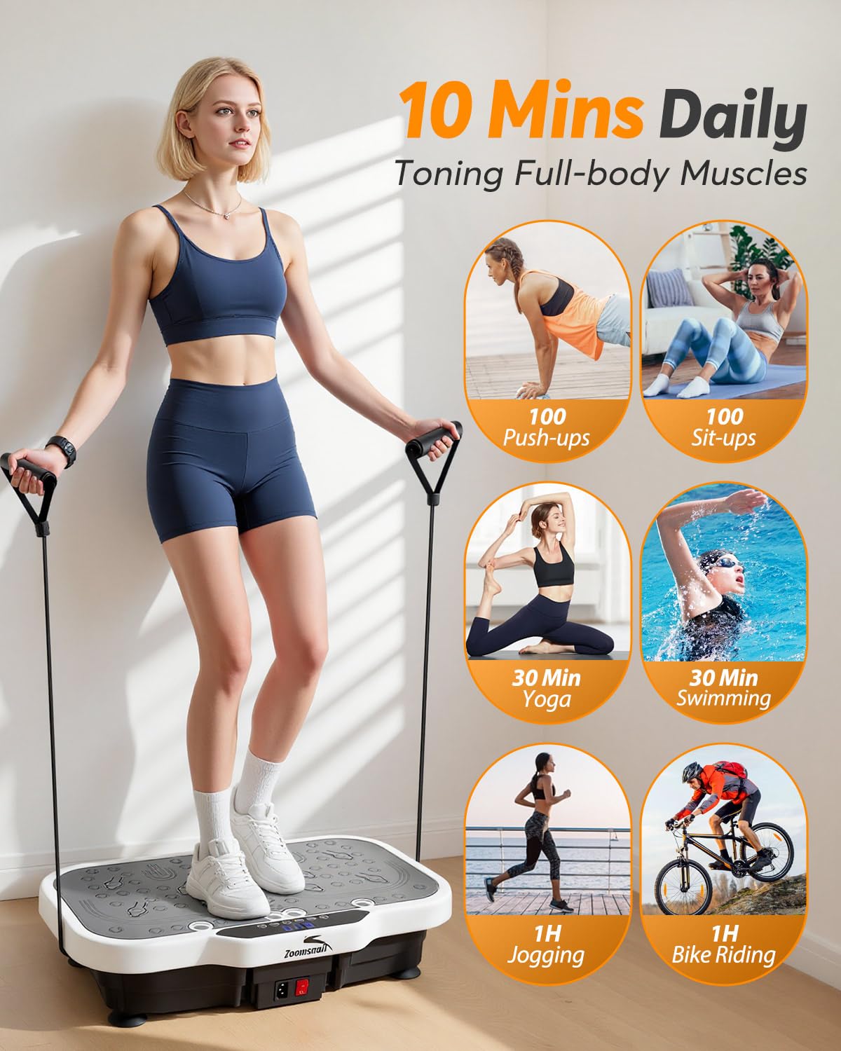 Zoomsnail Vibration Plate Exercise Machine, 8000 Vibrations/min Adjustable Fitness Platform, 400 Lbs Capacity Whole Body Workout Extra Large Size Platform with Bluetooth for Weight Loss, Women & Men