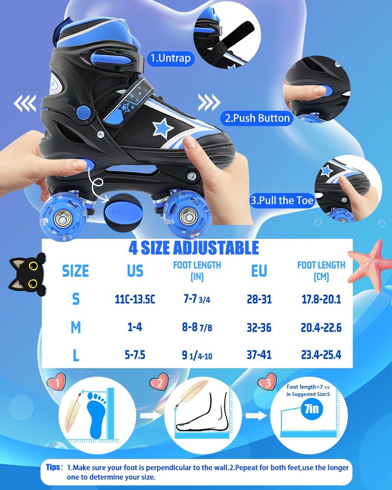 SMOOJOY Kids Roller Skates for Boys and Girls with Light-Up Wheels 4 Size Adjustable Blue Skates Shoes for Youth Ages 3-12 Years Children's Birthday Gift Beginners Rollerskates