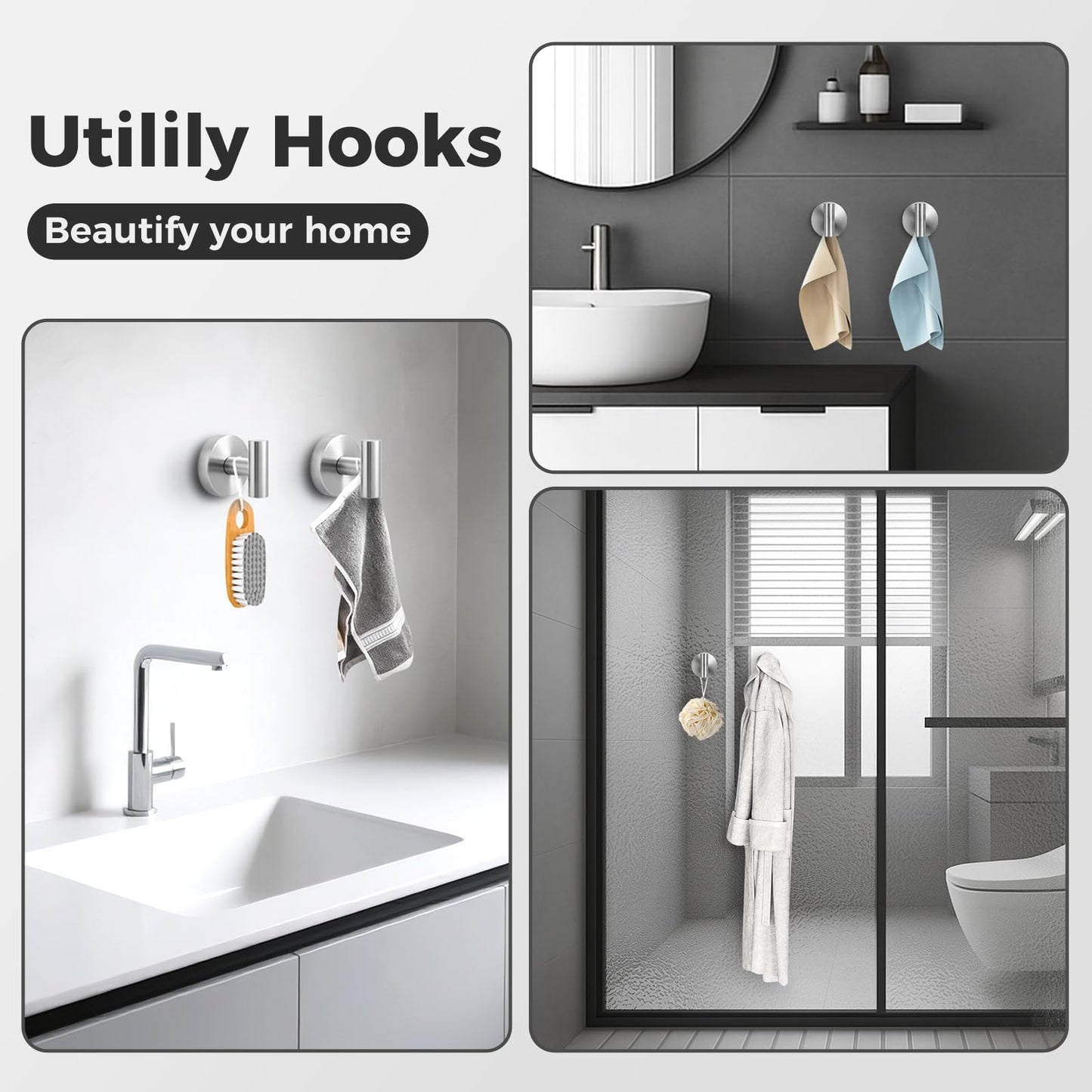 Shower Hooks for Inside Shower,No-Drill Removable&Reusable Towel Hooks for Bathroom,Heavy Duty Suction Cup Hooks for Glass Window,4 Packs(Silver)