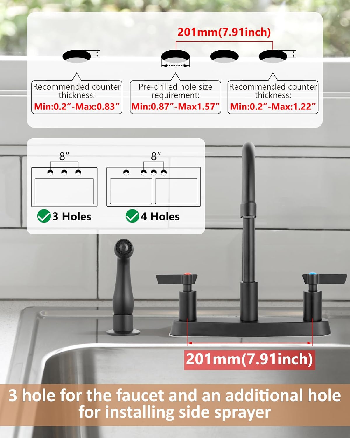 Brushed Nickel Kitchen Faucet with Sprayer - 2 Handle 8-Inch Centerset 3 Hole