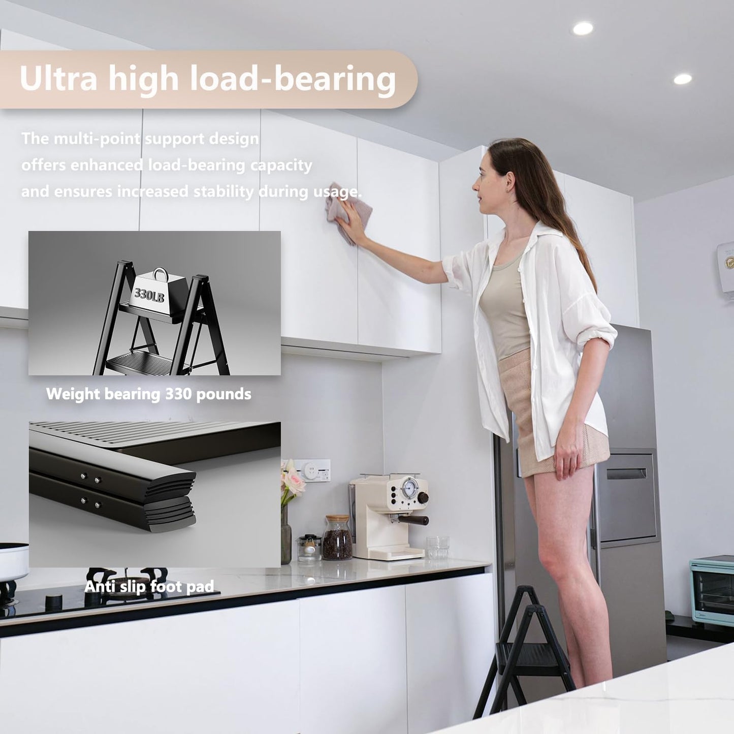 3-Step Folding Ladder - Sturdy 330 lbs Capacity Step Stool with Anti-Slip Pedals for Home & Office