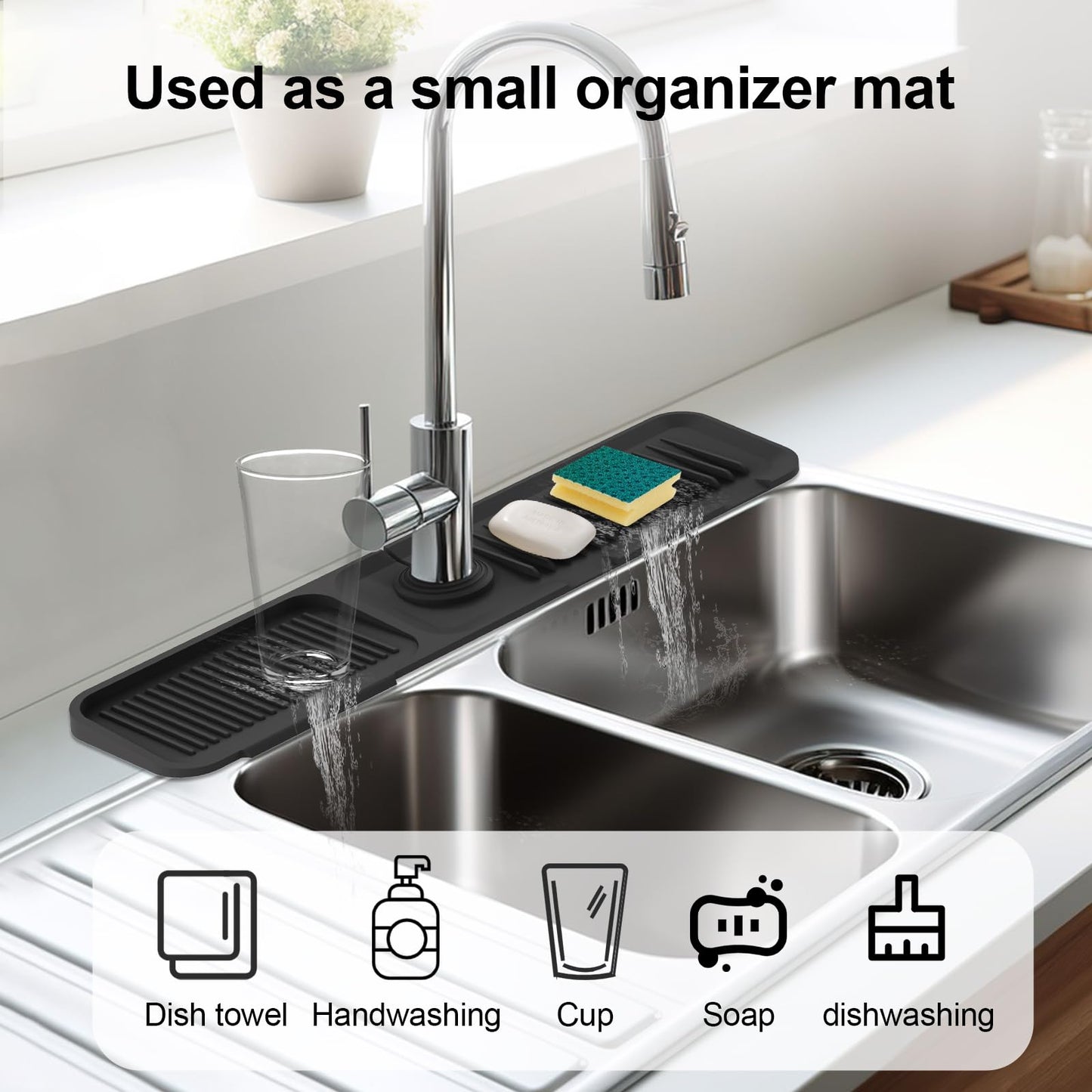 Doeklpo 24 Inch Kitchen Sink Splash Guard๏ผ5ยฐSlope Fast Draining Silicone Mat for Kitchen Sink Faucet Mat, Kitchen Sink Tidy Splash Guard for Kitchen Sink Area Bathroom Faucet Draining Mat (Black)