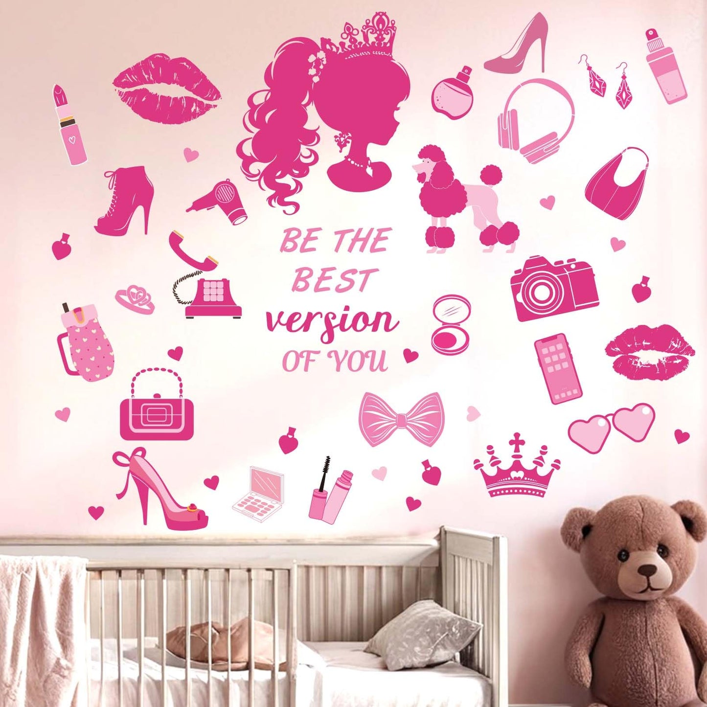 Princess Wall Stickers for Girls Bedroom: Pink Doll Fashion Wall Decals - Kids Baby Girls Room Nursery Daycare Wall Decor