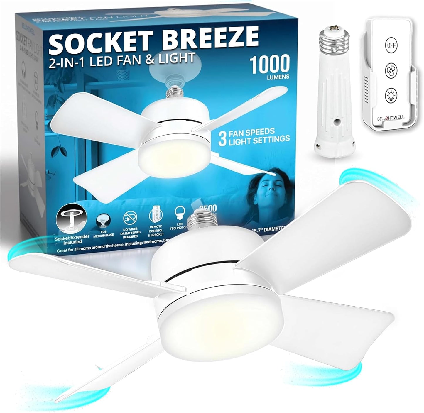 Socket Breeze Ceiling Fan with Light & Remote - Portable 3500K 1000 Lumens E26/E27