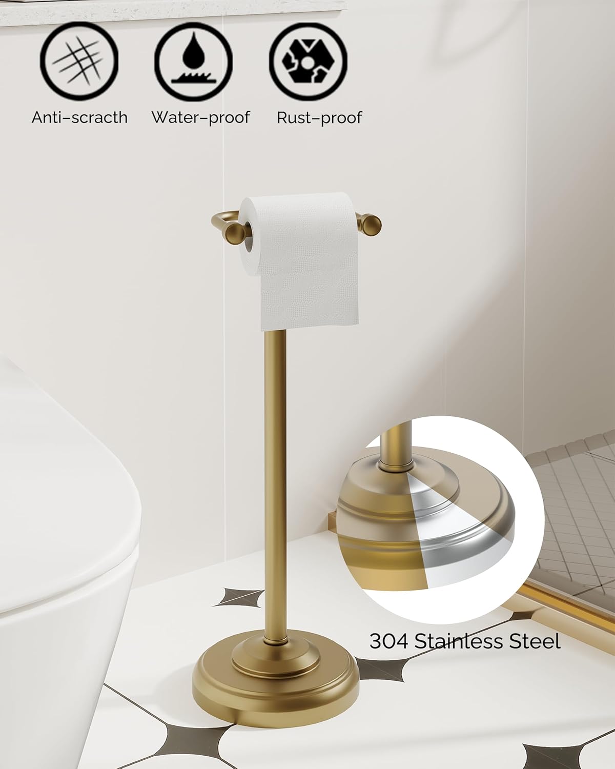 Brushed Nickel Free Standing Toilet Paper Holder with Pivoting Design & Weighted Base