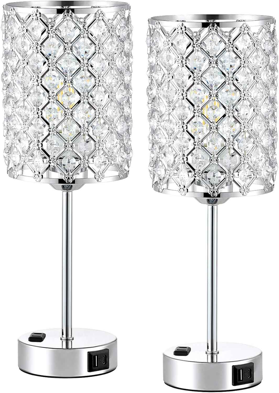 Dimmable Touch Control Crystal Table Lamp Set of 2 with USB-C & AC Ports - Elegant Nightstand Lighting for Bedroom & Living Room
