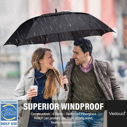 Large Oversize Golf Umbrella by USA - Windproof Double Canopy with Teflon Coating | Coal Black