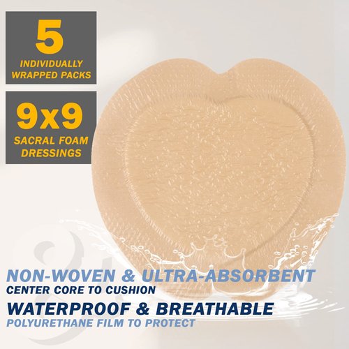 EVERLIT Sacrum Silicone Foam Dressing | Highly-Absorbent Waterproof Sacral Bandage Pad for Bed Sore Pressure Ulcer Wound Care | Sterile Adhesive Dressing for Chronic Wounds (9" x 9" | 5 Pack)