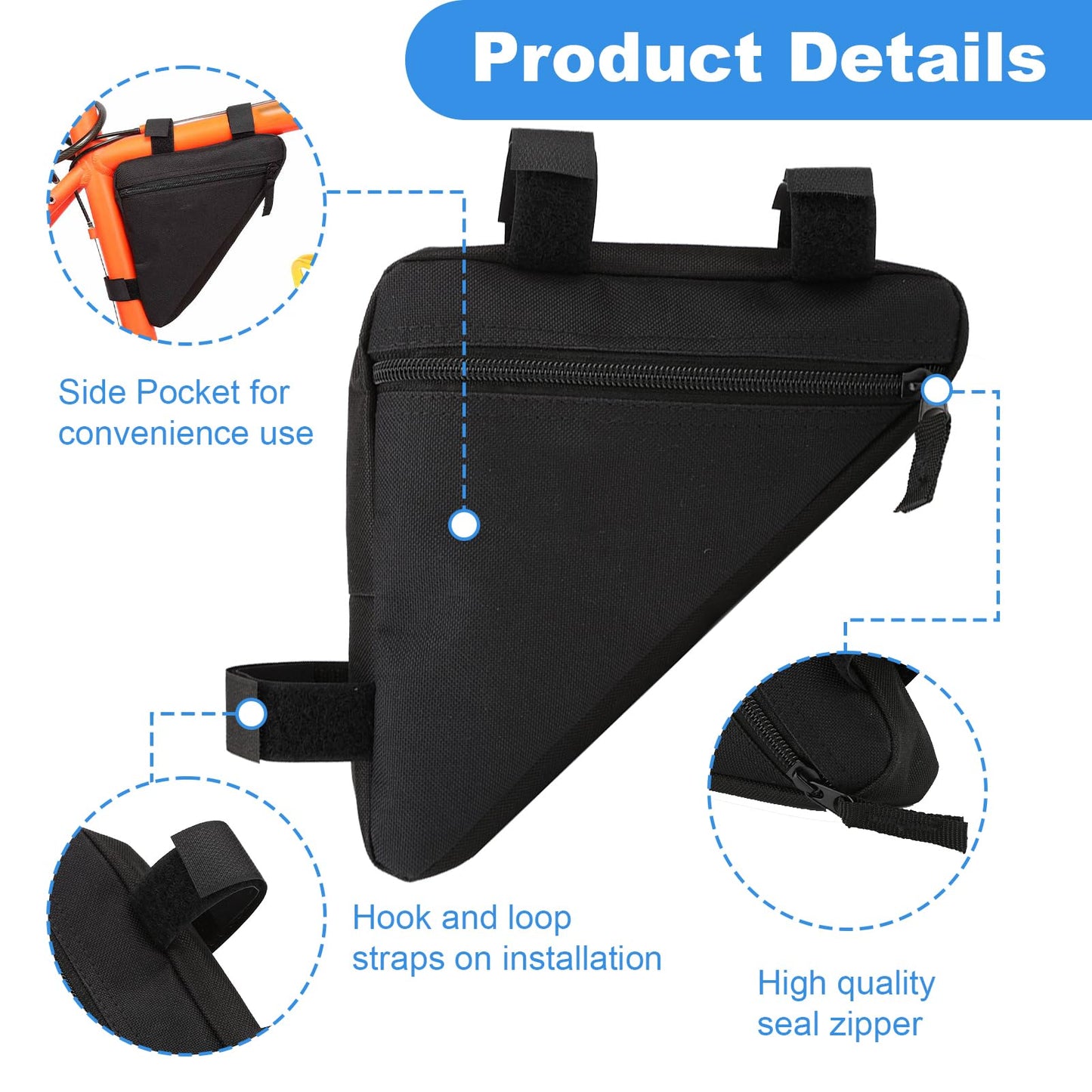 Bicycle Triangle Bag–7.9" Bike Frame Storage Bag with Quick Release for Road & MTB | Frame Bag Compatible with All Bike Frames, Lightweight Oxford Fabric Pouch (Black)