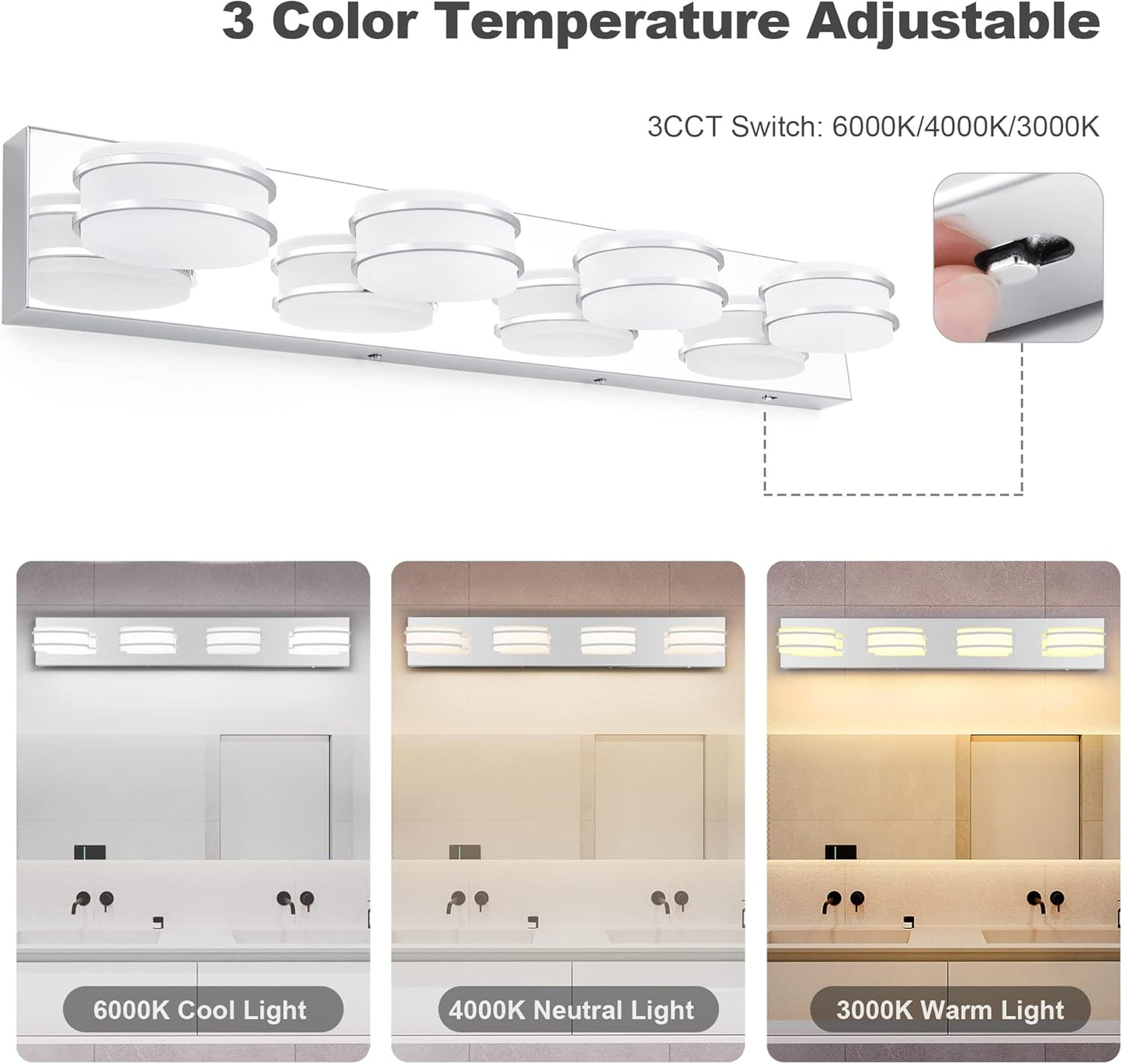 LED Chrome 3-Light Dimmable Bathroom Vanity Light Fixture - Modern Acrylic & Stainless Steel Over Mirror Lighting