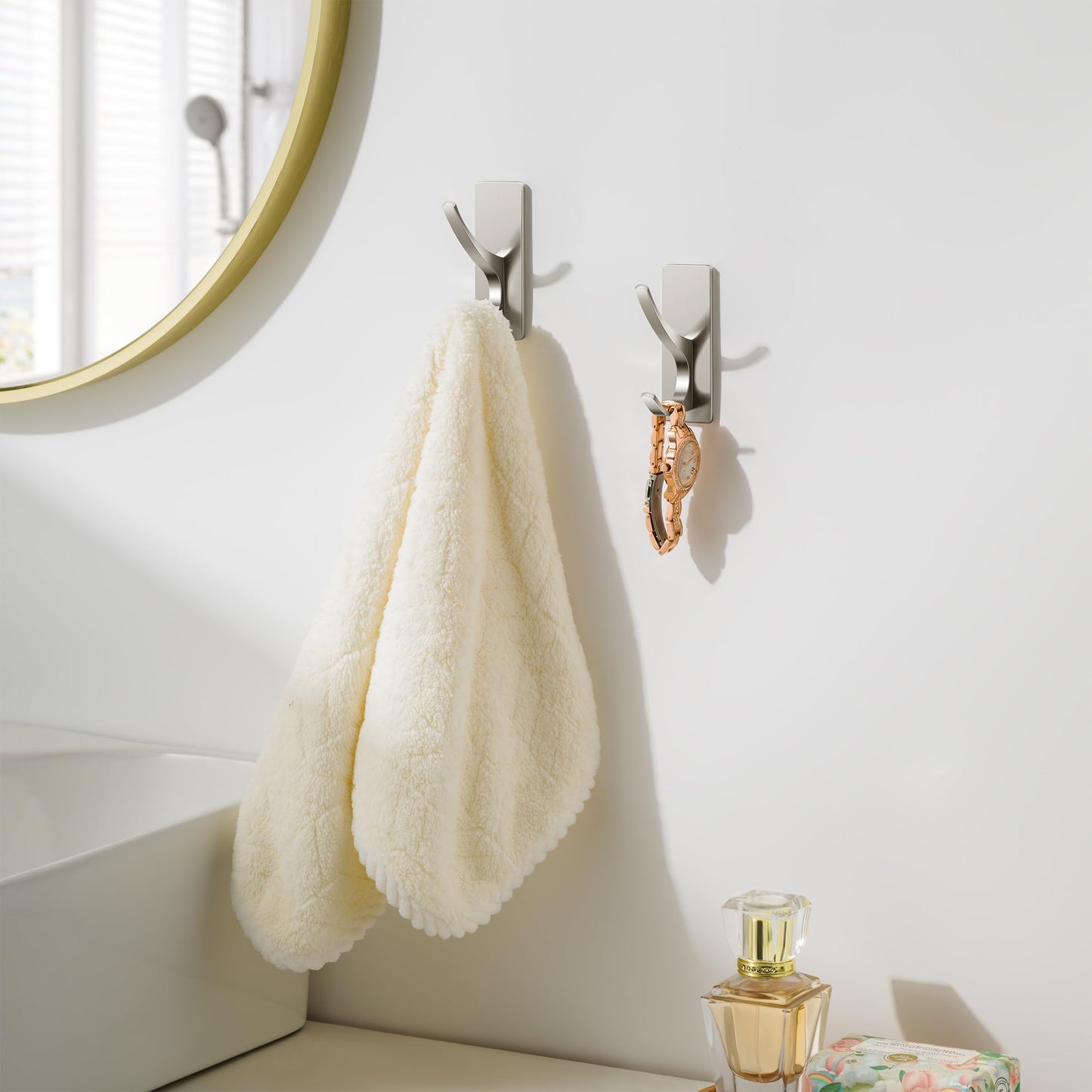 Josmimic Self Adhesive Towel Hooks: Extra Strong 13LB, Stainless Hook for Hanging Loofah, Towels, Coat, Bath Robe Bathroom Shower, Brushed Nickel, 4 Pack