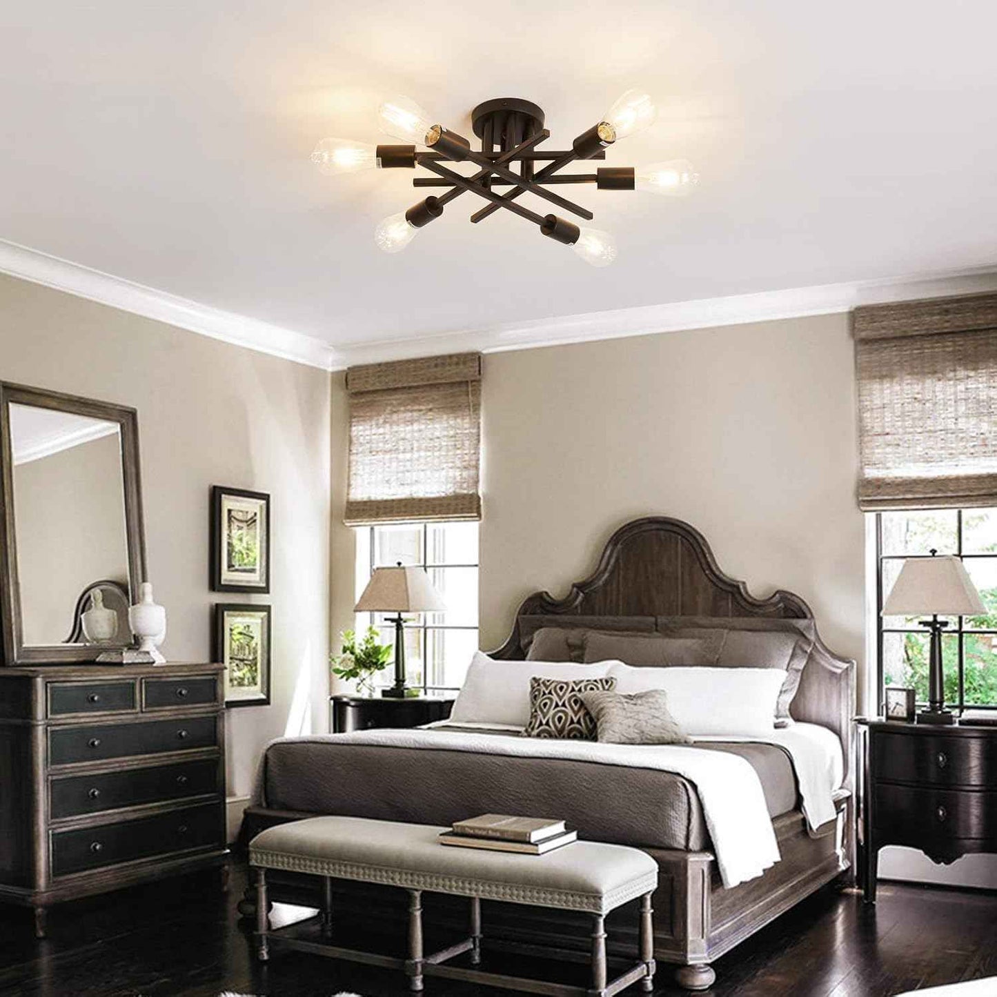 Gold Modern 6-Light Semi Flush Mount Ceiling Light Fixture - Vintage Sputnik Chandelier for Kitchen, Dining & Living Room