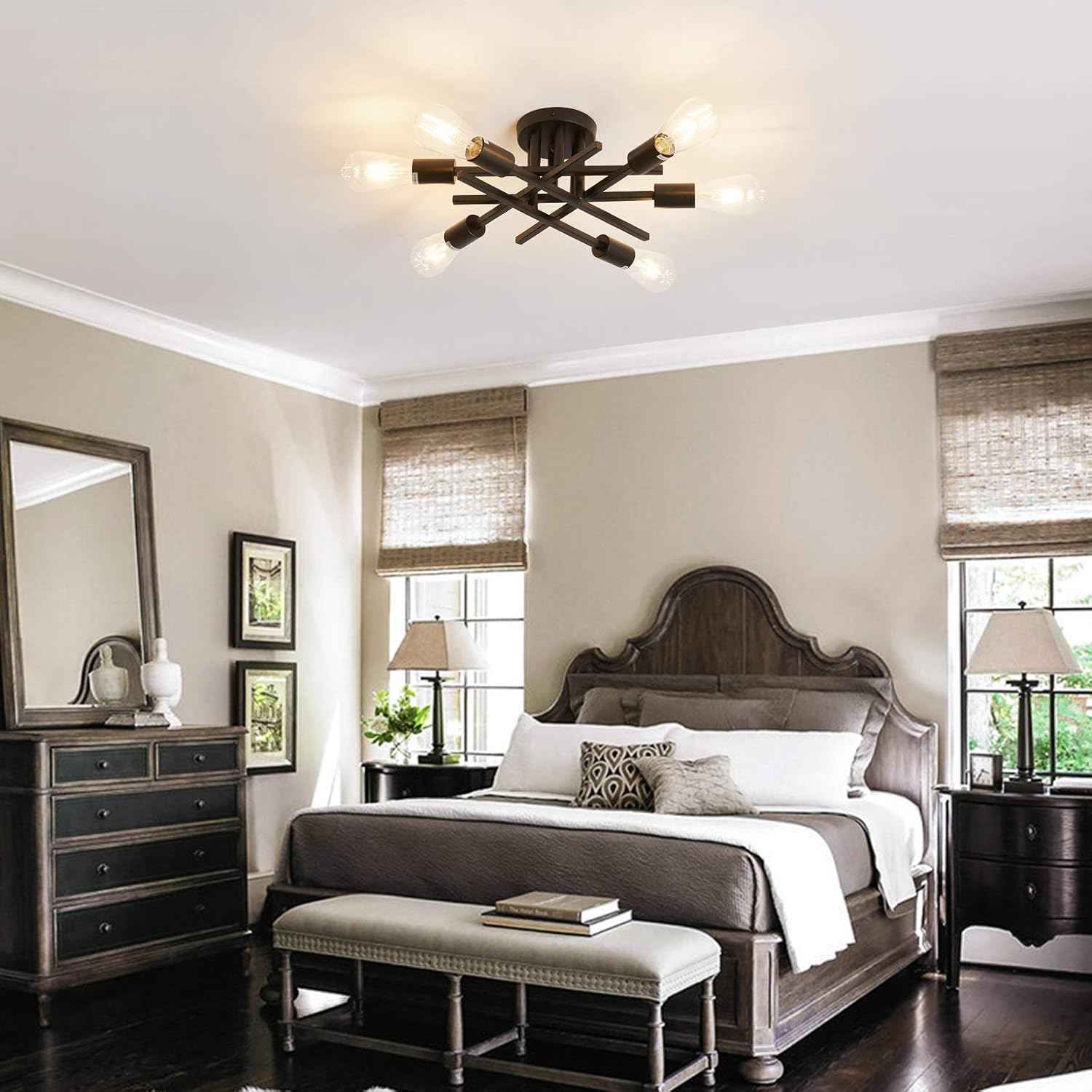 Gold Modern 6-Light Semi Flush Mount Ceiling Light Fixture - Vintage Sputnik Chandelier for Kitchen, Dining & Living Room