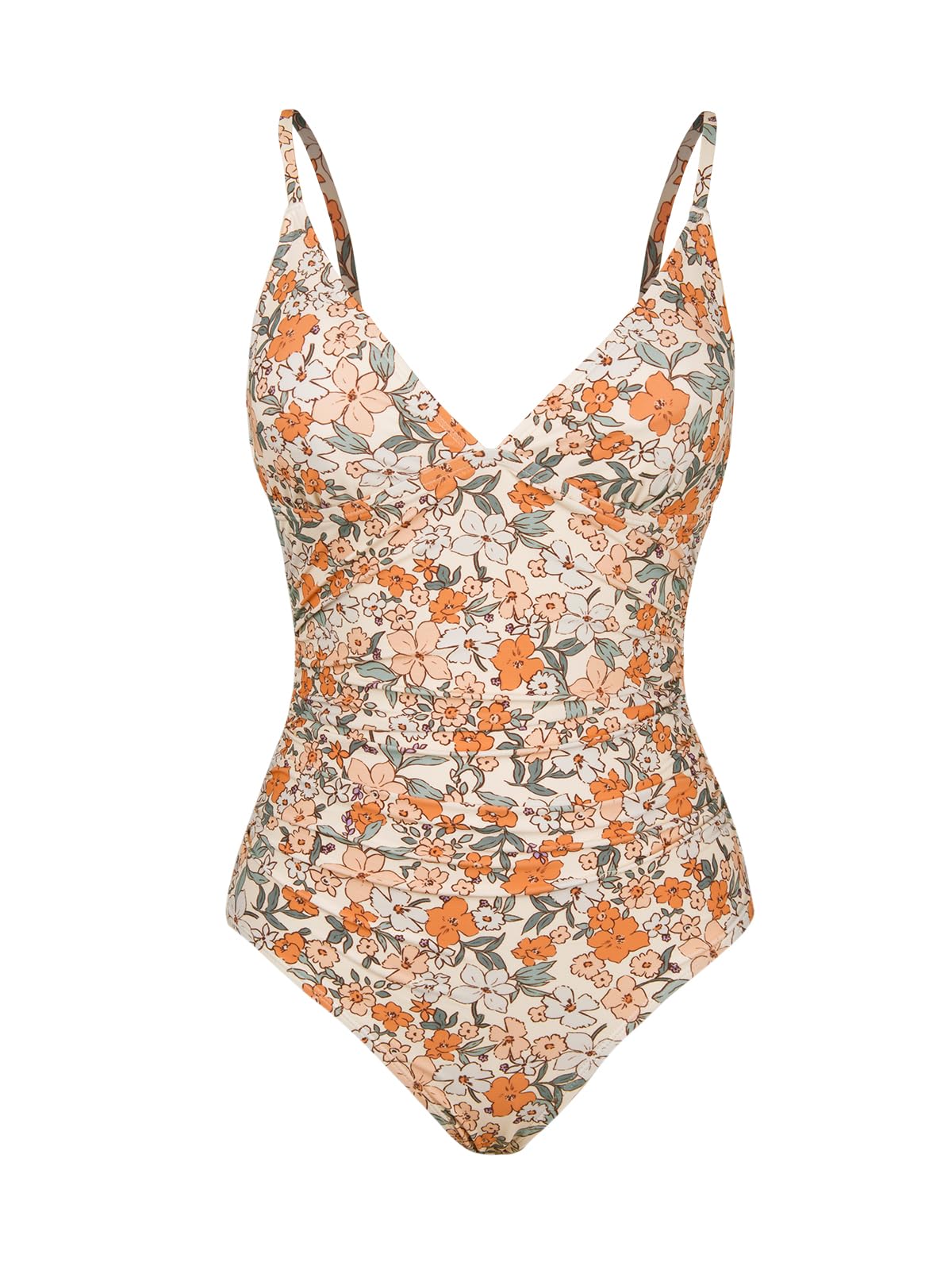 CUPSHE Women's One Piece Swimsuit Tummy Control V Neck Ruched Adjustable Straps, XL Yellow Floral